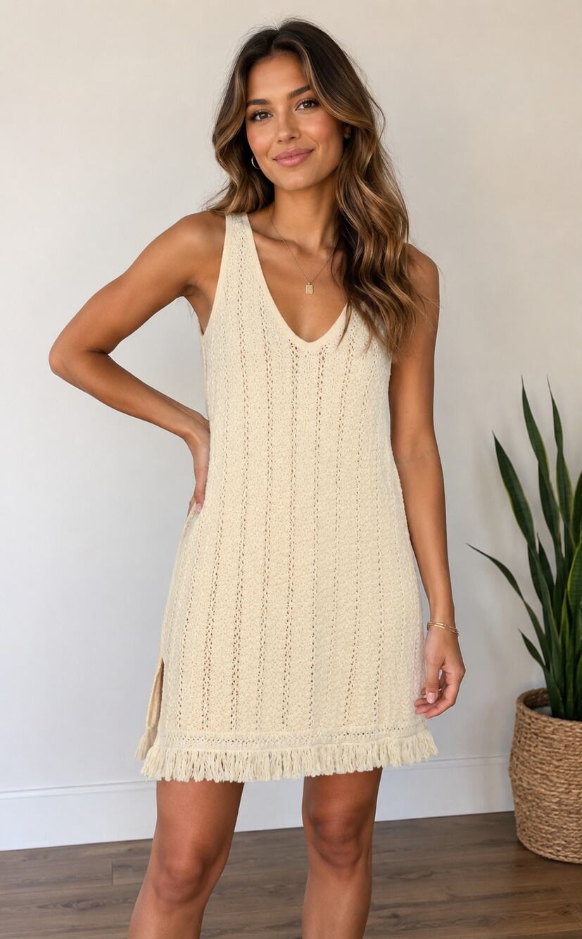Anthropologie Knitted & Knotted crochet fringe mini dress size medium